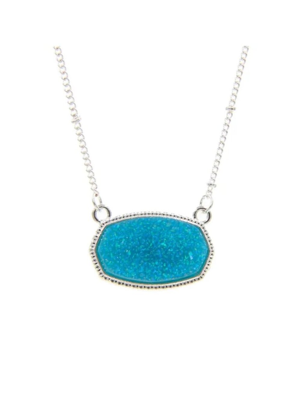 Turquoise Glittery Silver Tone Imitation Drusy Quarts Necklace
